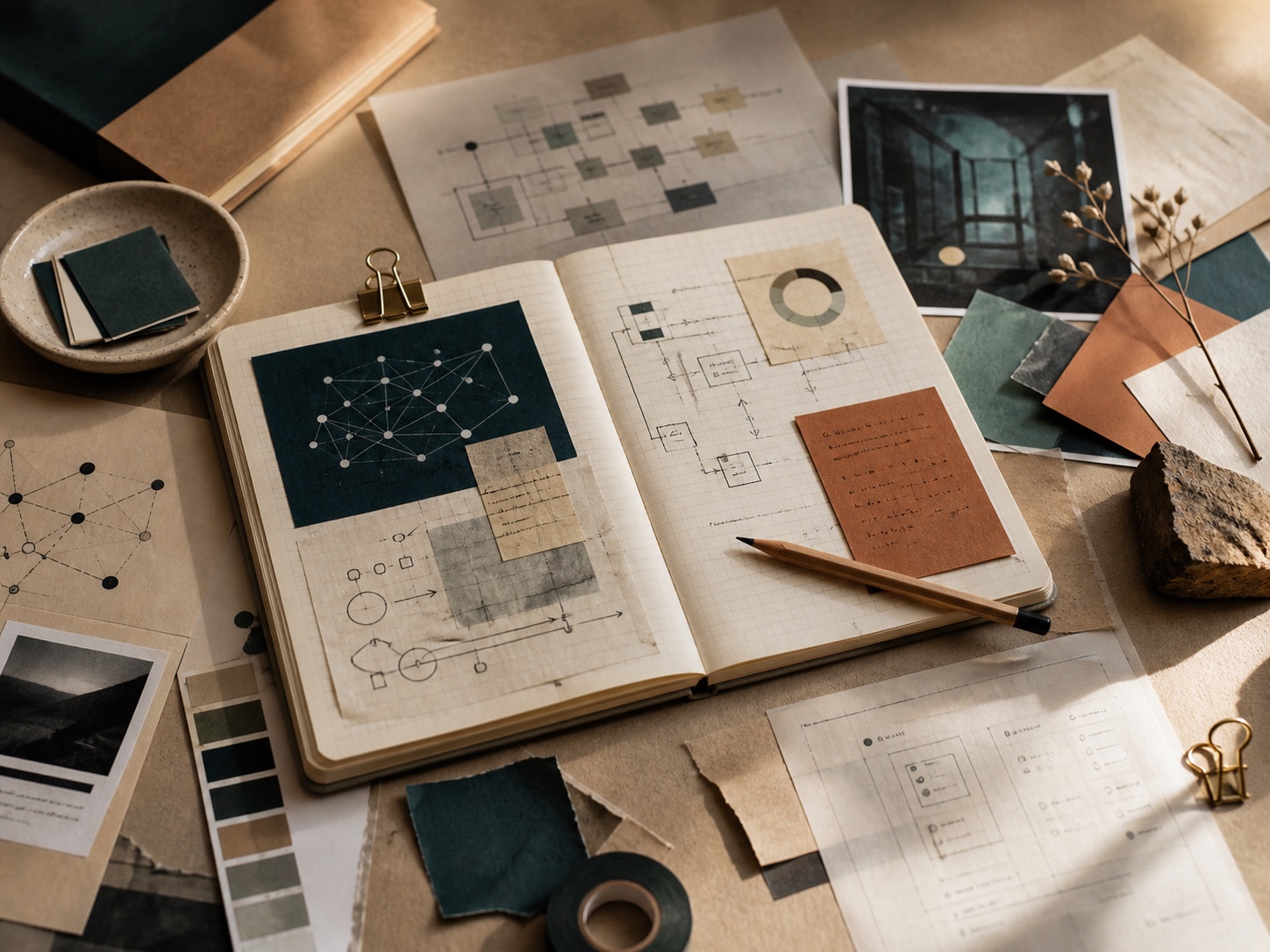 An open notebook with AI product diagrams, clipped notes, color swatches, and a pencil.
