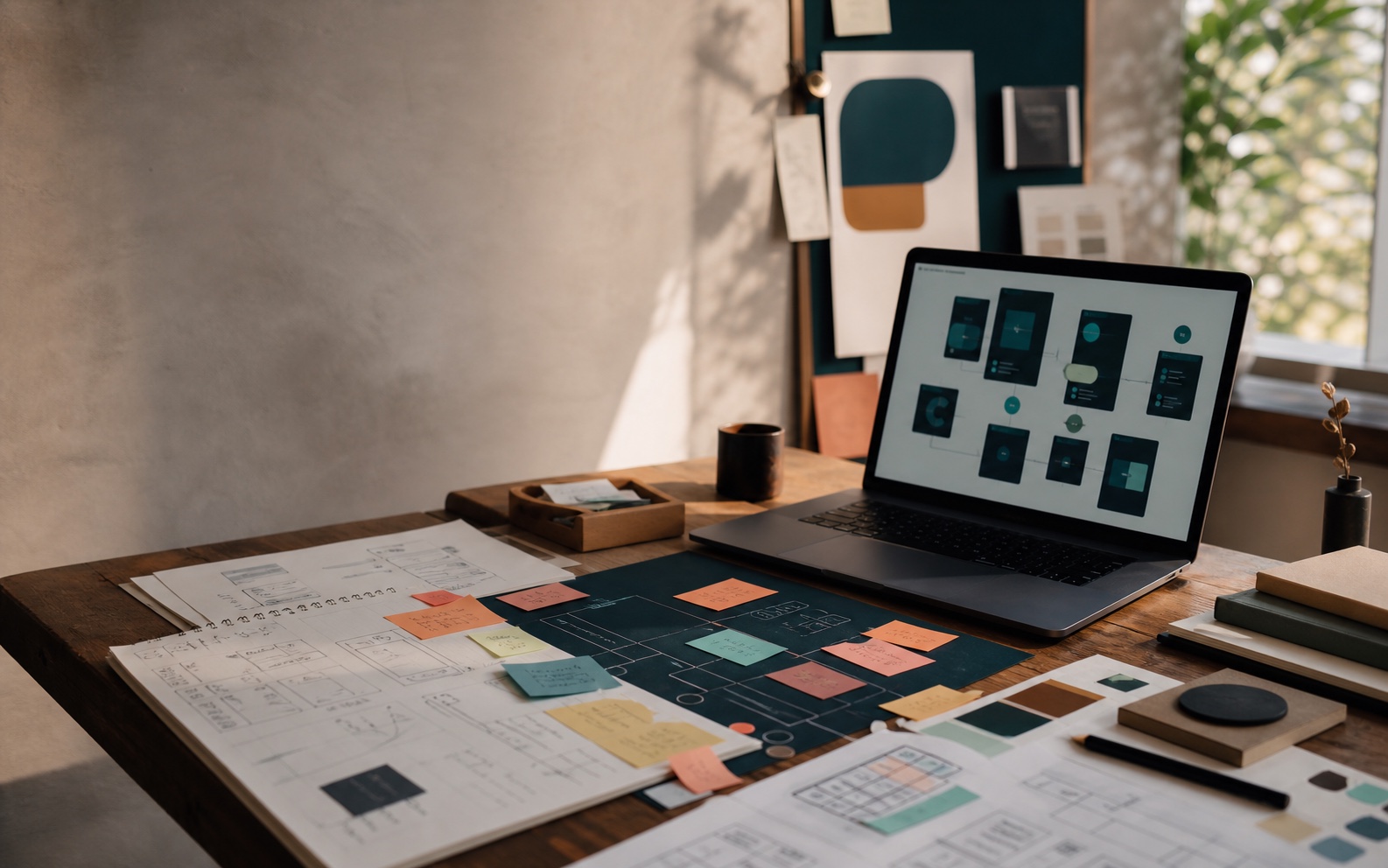 A warm studio desk with AI workflow sketches, interface cards, and evaluation notes.